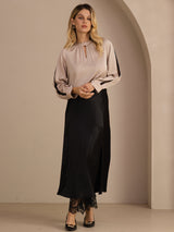 [Tan] SilkSilky-SE Long Sleeve Keyhole Neck Damblusar 007