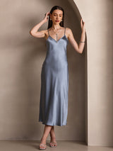[Gråblå] SilkSilky-SE Spaghetti Strap V Neck Klänning 006