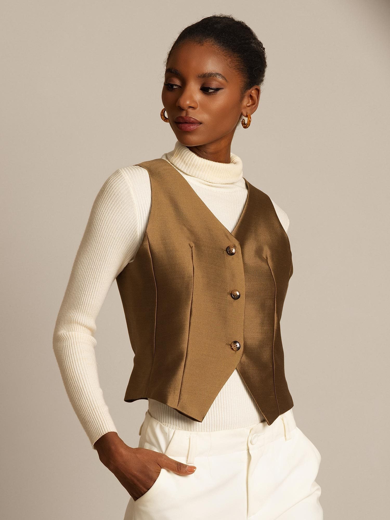 [Brons] SilkSilky-SE 32Momme Silk-Wool Blend Womens Vest 004,