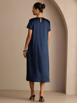 [Mörkblå] SilkSilky-SE Short Sleeve Round Neck Klänning 002