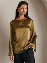 [Brun] SilkSilky-SE Long Sleeve Boat Neck Blus 003