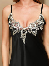 [Svart] SilkSilky-SE Spaghetti Strap V Neck Nattlinne 008