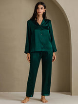 [Mörkgrön] SilkSilky-SE Long Sleeve Lapel Collar Dam Pyjama 006