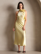 [Ljusgul] SilkSilky-SE 19Momme Stretch Silk Charmeuse Sleeveless Halter Klänning 005