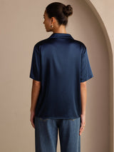 [Mörkblå] SilkSilky-SE Short Sleeve Lapel Collar Damskjorta 002