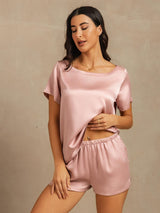 [Persikohud] SilkSilky-SE 19Momme Kort Ärm Rund Halsringning Dam Pyjama 005