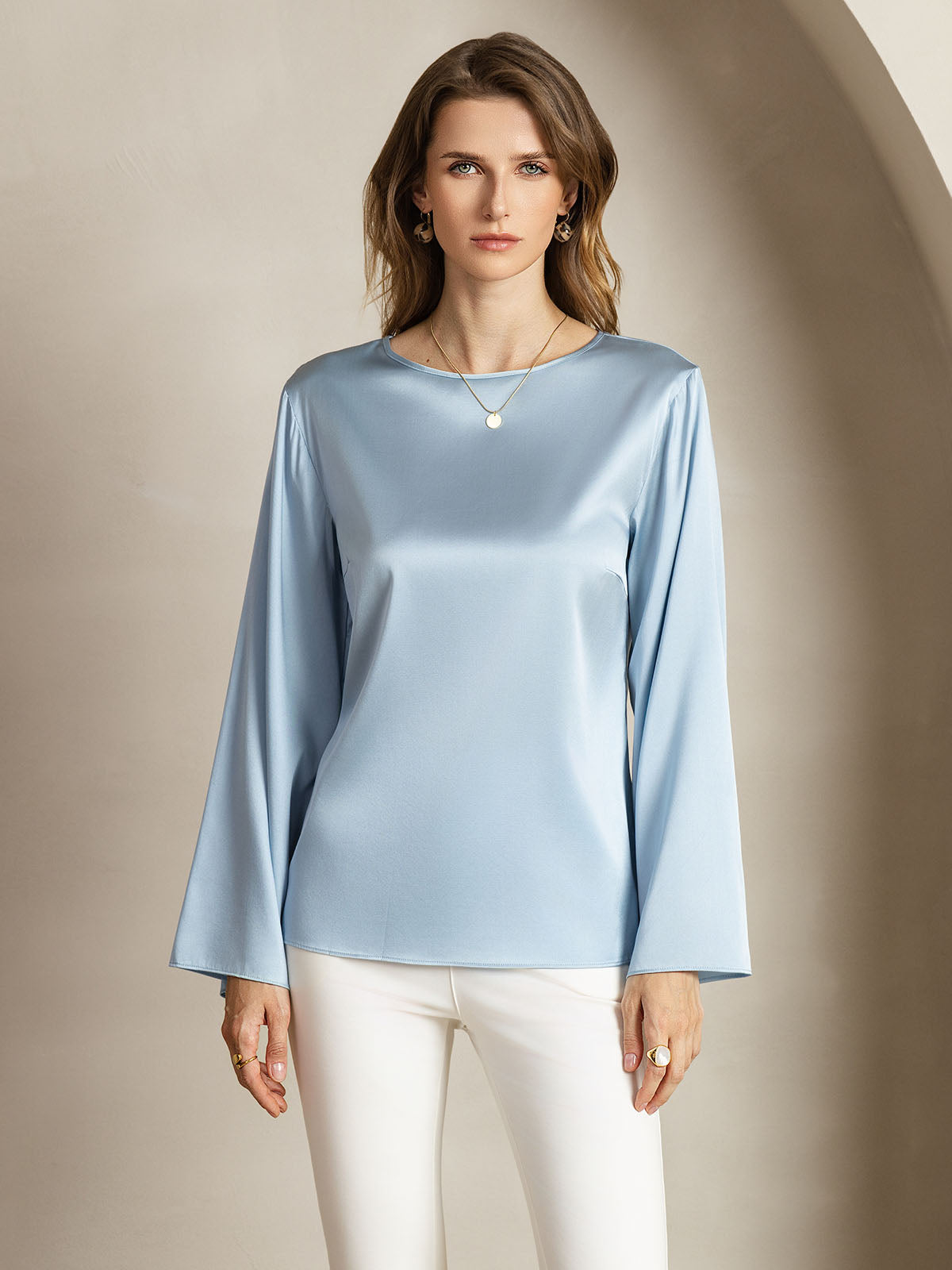 [Gråblå] SilkSilky-SE 19Momme Silke Womens T-Shirt 001