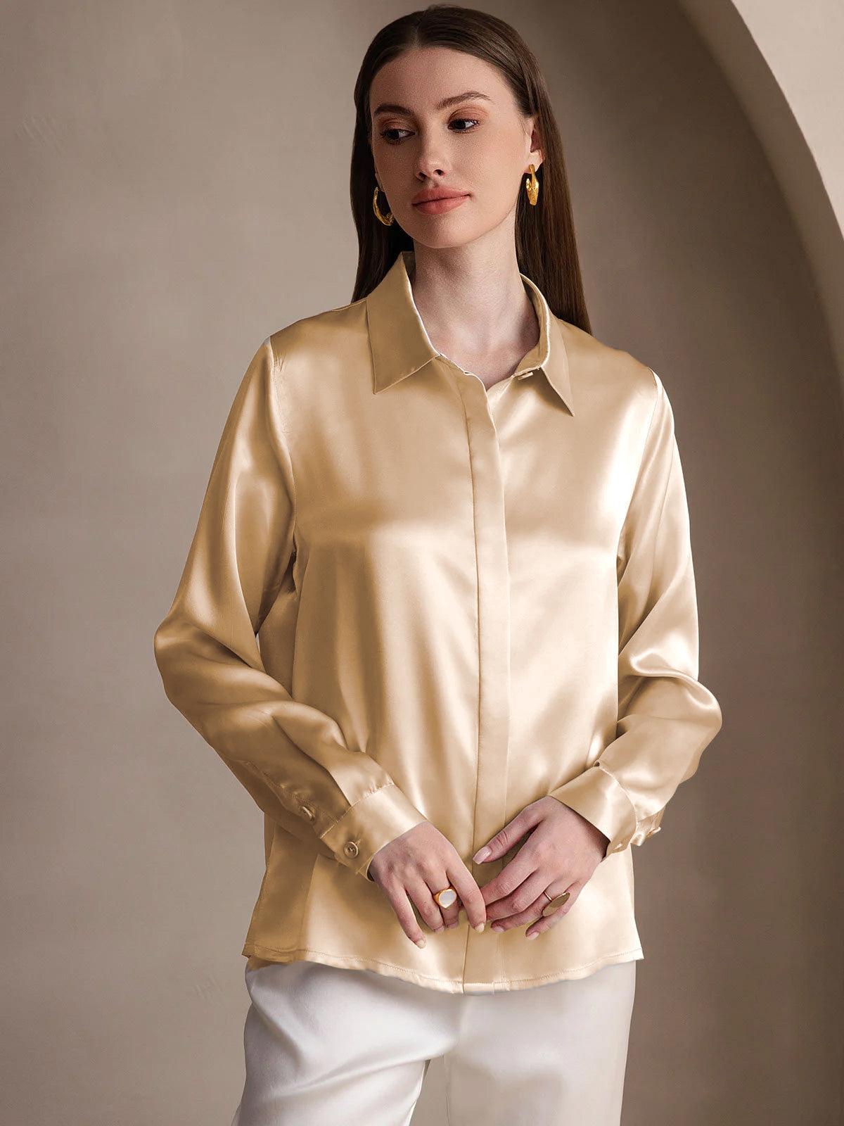 [Champagne] SilkSilky-SE 19Momme Silke Lapel Collar Damskjorta 001