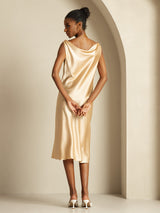 [Champagne] SilkSilky-SE 19Momme Ärmlös Cowl Halsringning Klänning 002