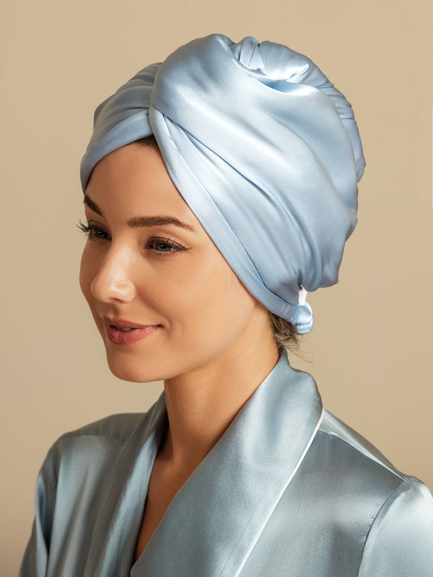 [Himmelsblå] SilkSilky-SE Rent Silke Hair Towel Wrap 005,