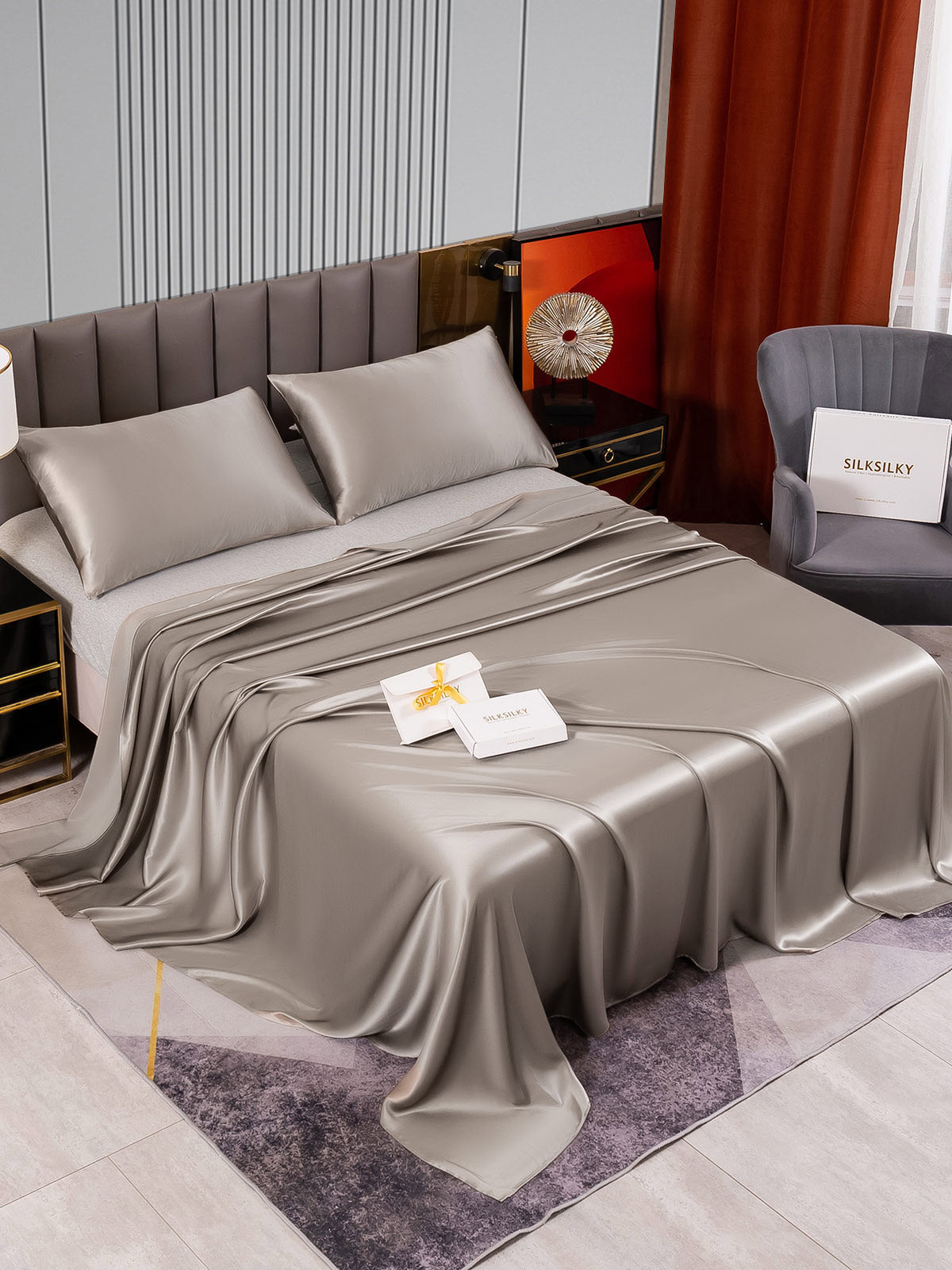 [Grå] SilkSilky-SE 22Momme Rent Silke Bedding Set 002