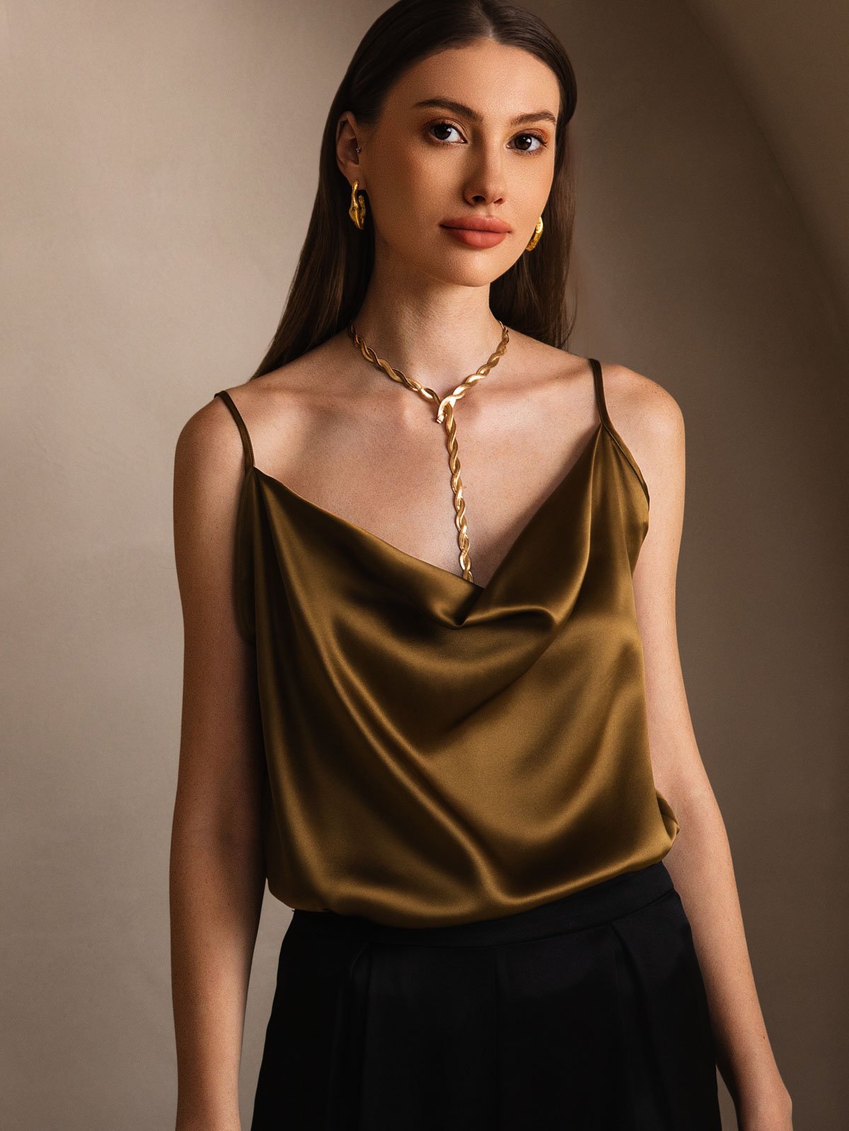 [Brun] SilkSilky-SE 19Momme Spaghetti Rem Cowl Halsringning Cami Toppar 003