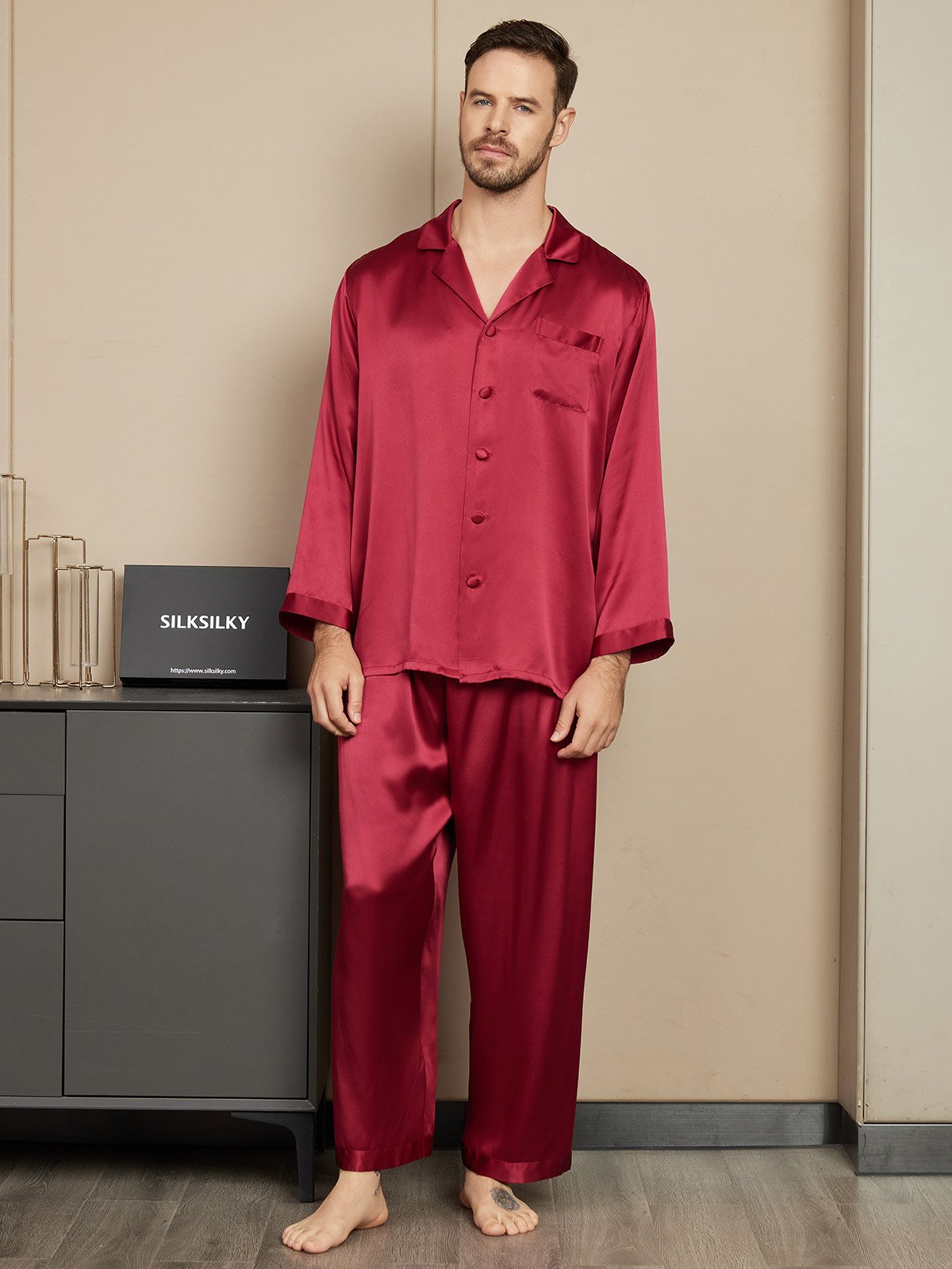 SilkSilky SE Rent Silke Lång Ärm Mens Pajamas Vin 001