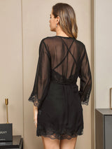 [Svart] SilkSilky-SE Rent Silke 3/4 Ärm Nightgown&Robe Set 003
