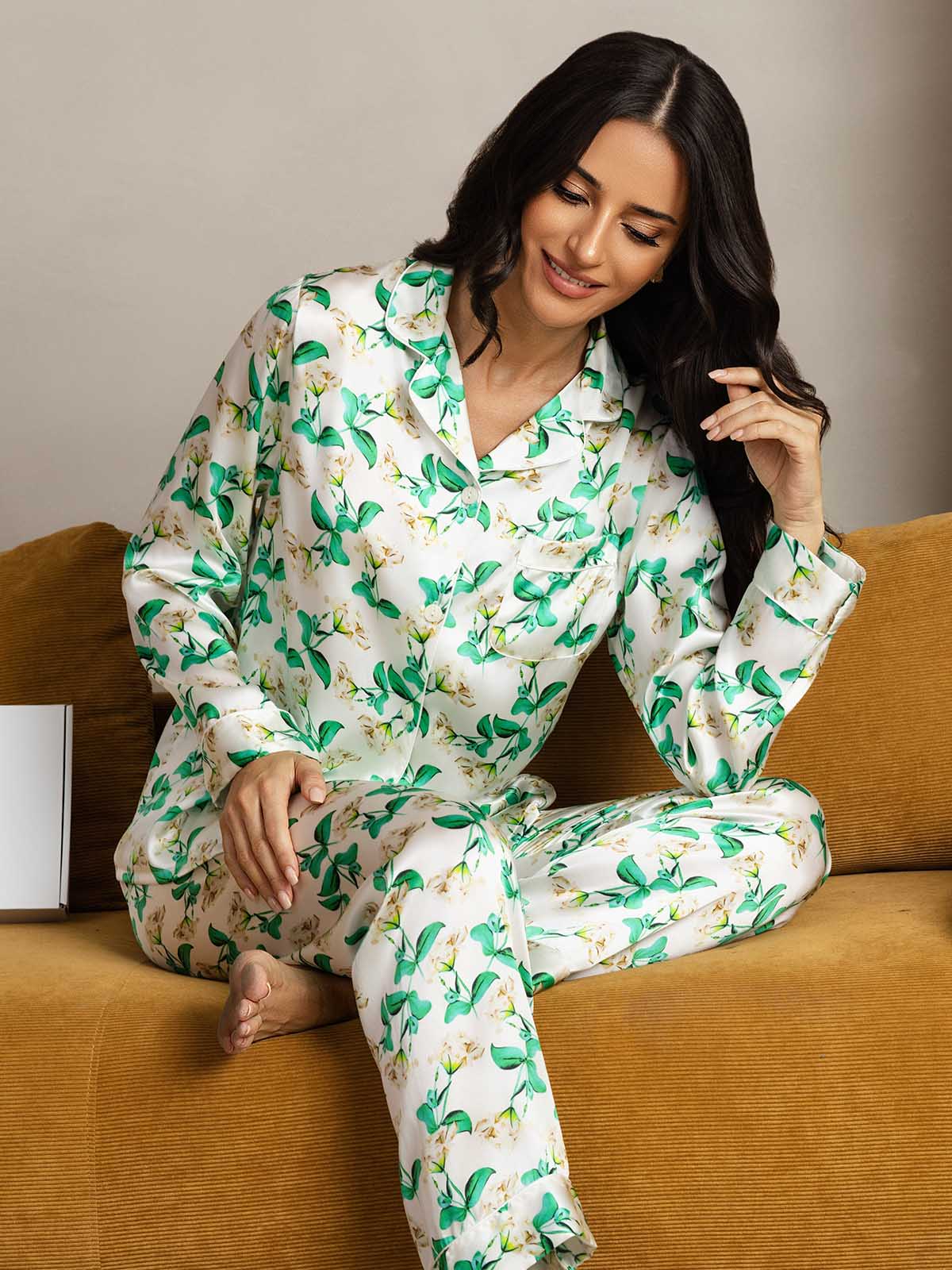 [Grön Blommor] SilkSilky-SE Rent Silke Womens Pajamas 003