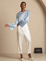 [Gråblå] SilkSilky-SE Long Sleeve Boat Neck Blus 009
