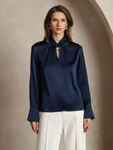 [Mörkblå] SilkSilky-SE Long Sleeve Keyhole Neck Damblusar 001