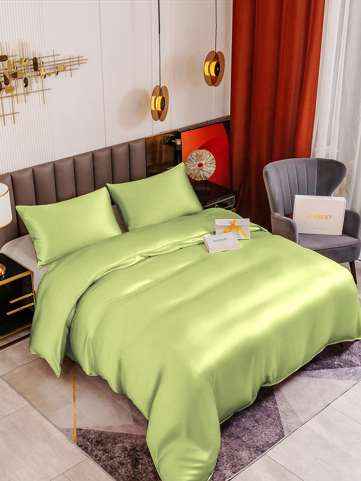 SilkSilky SE 19Momme Rent Silke Bedding Set Mintgrön 001