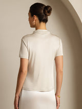 [Grå] SilkSilky-SE 100% Silk Jersey Short Sleeve Mock Neck Dam T-Shirt 002