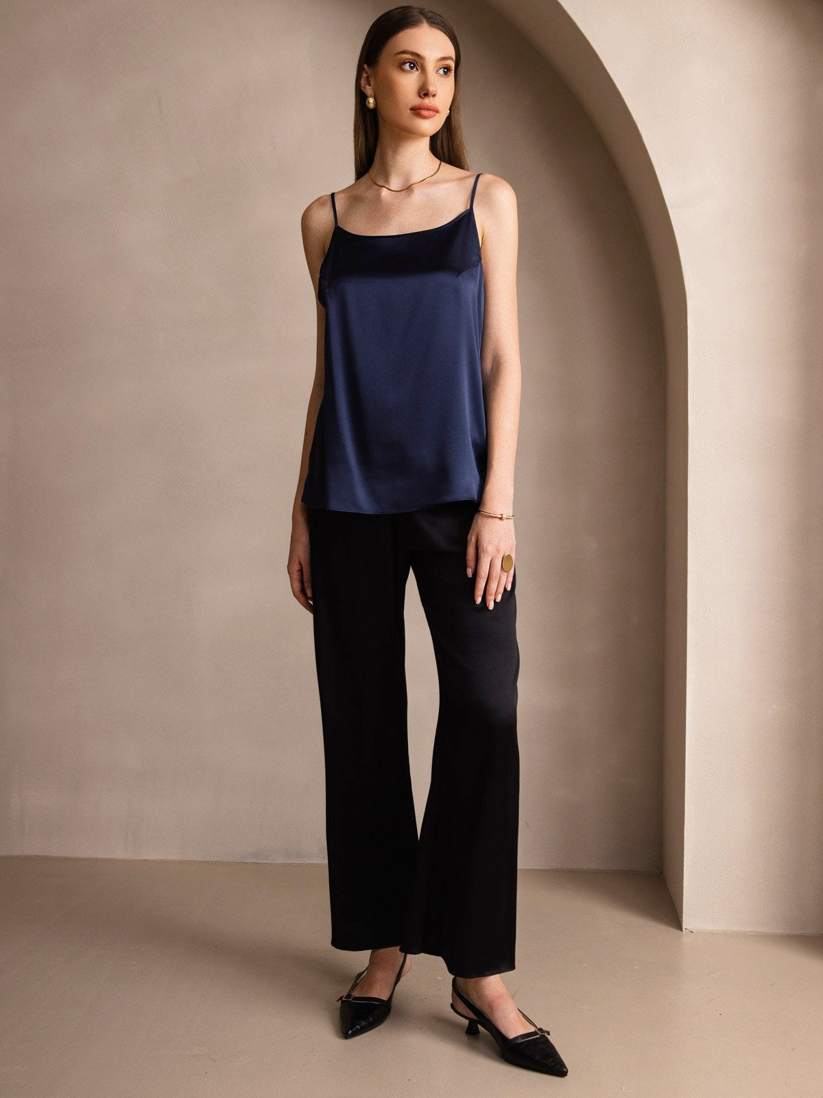 [Mörkblå] SilkSilky-SE 19Momme Spaghetti Rem Djup Rund Halsringning Cami Toppar 006