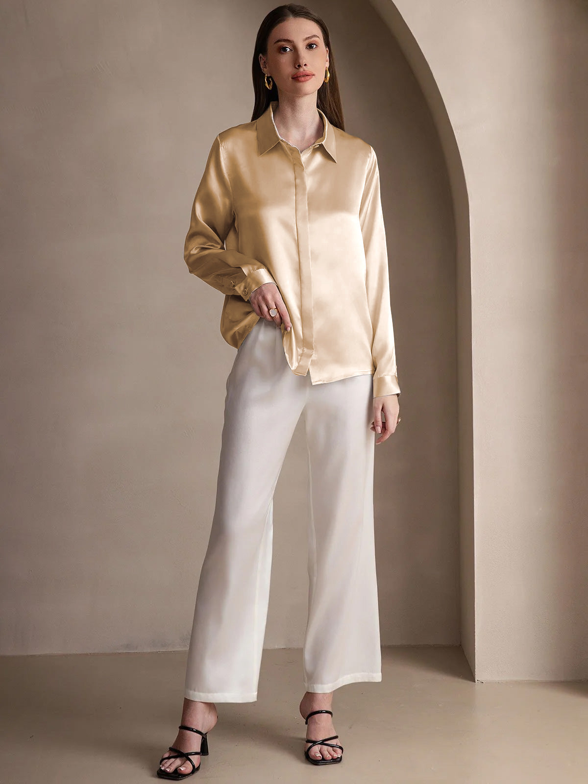 [Champagne] SilkSilky-SE 19Momme Silke Lapel Collar Damskjorta 003