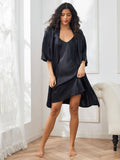 SilkSilky SE Rent Silke 3/4 Ärm Nightgown&Robe Set Svart 003