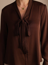 [Mörk Choklad] SilkSilky-SE Long Sleeve Tie Neck Damblusar 004