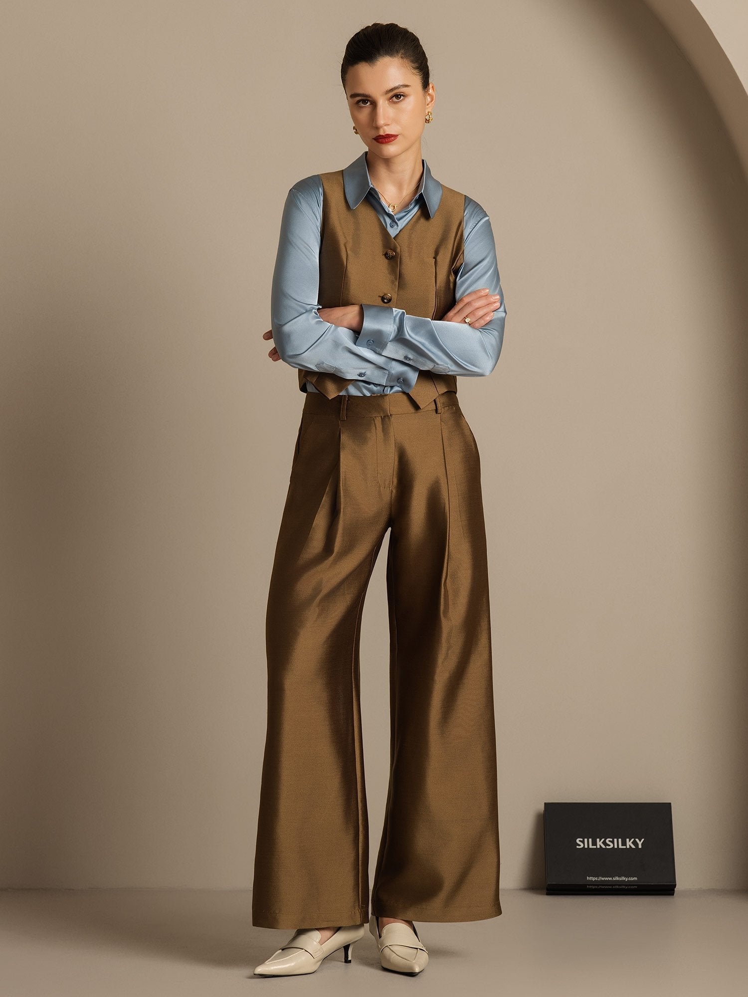 [Brons] SilkSilky-SE 32Momme Silk-Wool Blend Womens Pants 006,