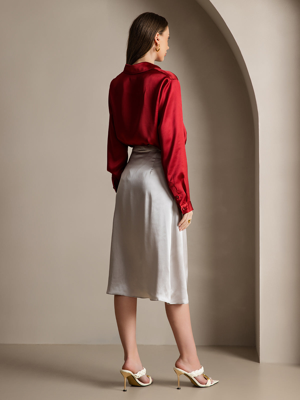 [Vin] SilkSilky-SE 19Momme Silke Lapel Collar Damskjorta 005