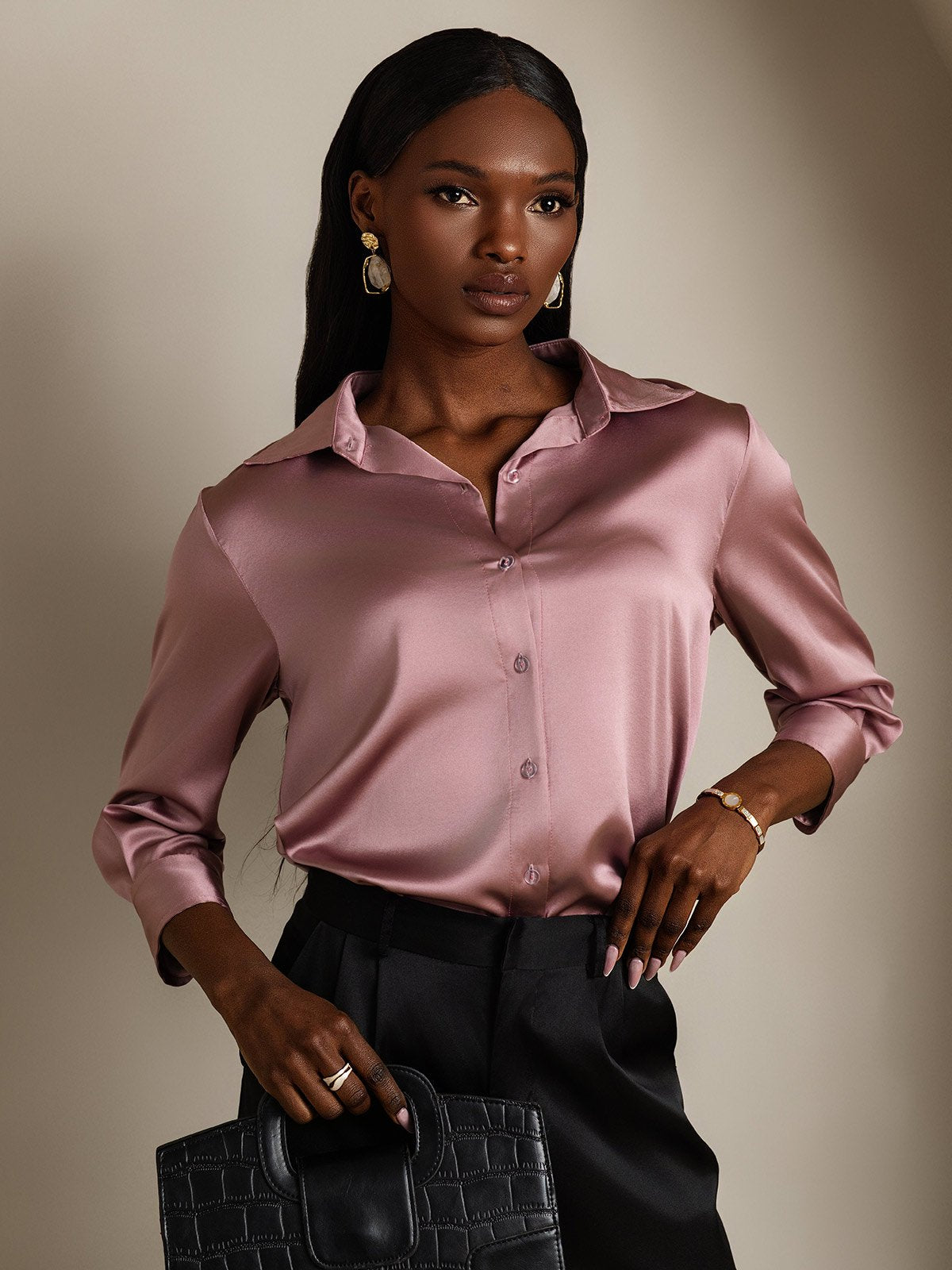 SilkSilky-SE 19Momme Silke Lång Ärm Slag Damskjorta BlekMauve 003