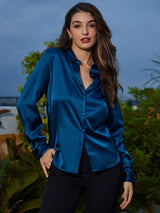 [Kungsblått] SilkSilky-SE Long Sleeve Lapel Collar Damskjorta 006