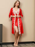 SilkSilky SE Rent Silke 3/4 Ärm Nightgown&Robe Set Röd 002