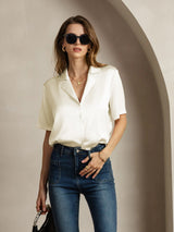 [Elfenben] SilkSilky-SE Short Sleeve Lapel Collar Damskjorta 005