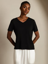 [Svart] SilkSilky-SE Short Sleeve V Neck Dam T-Shirt 001
