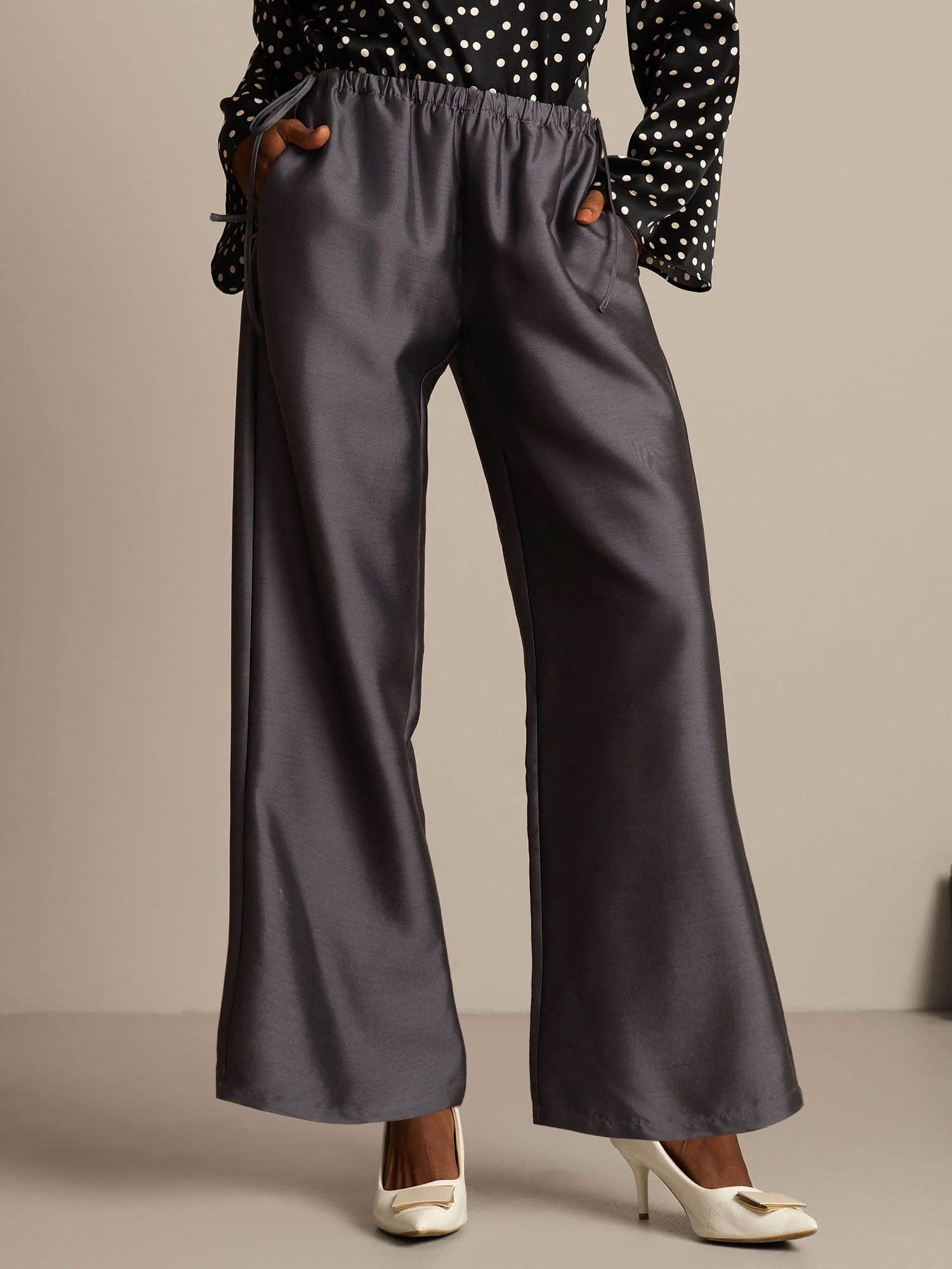 [Grå] SilkSilky-SE 32Momme Silk-Wool Blend Womens Pants 001,