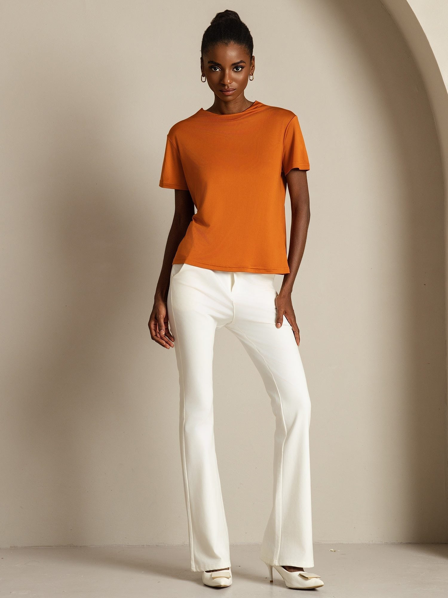 [Orange] SilkSilky-SE Rent Silke Krage Dam T-Shirt 007