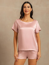 [Persikohud] SilkSilky-SE 19Momme Kort Ärm Rund Halsringning Dam Pyjama 003