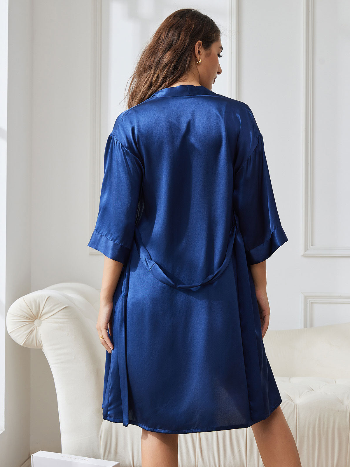 [Mörkblå] SilkSilky-SE Rent Silke Nightgown&Robe Set 002