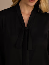 [Svart] SilkSilky-SE Long Sleeve Tie Neck Damblusar 004