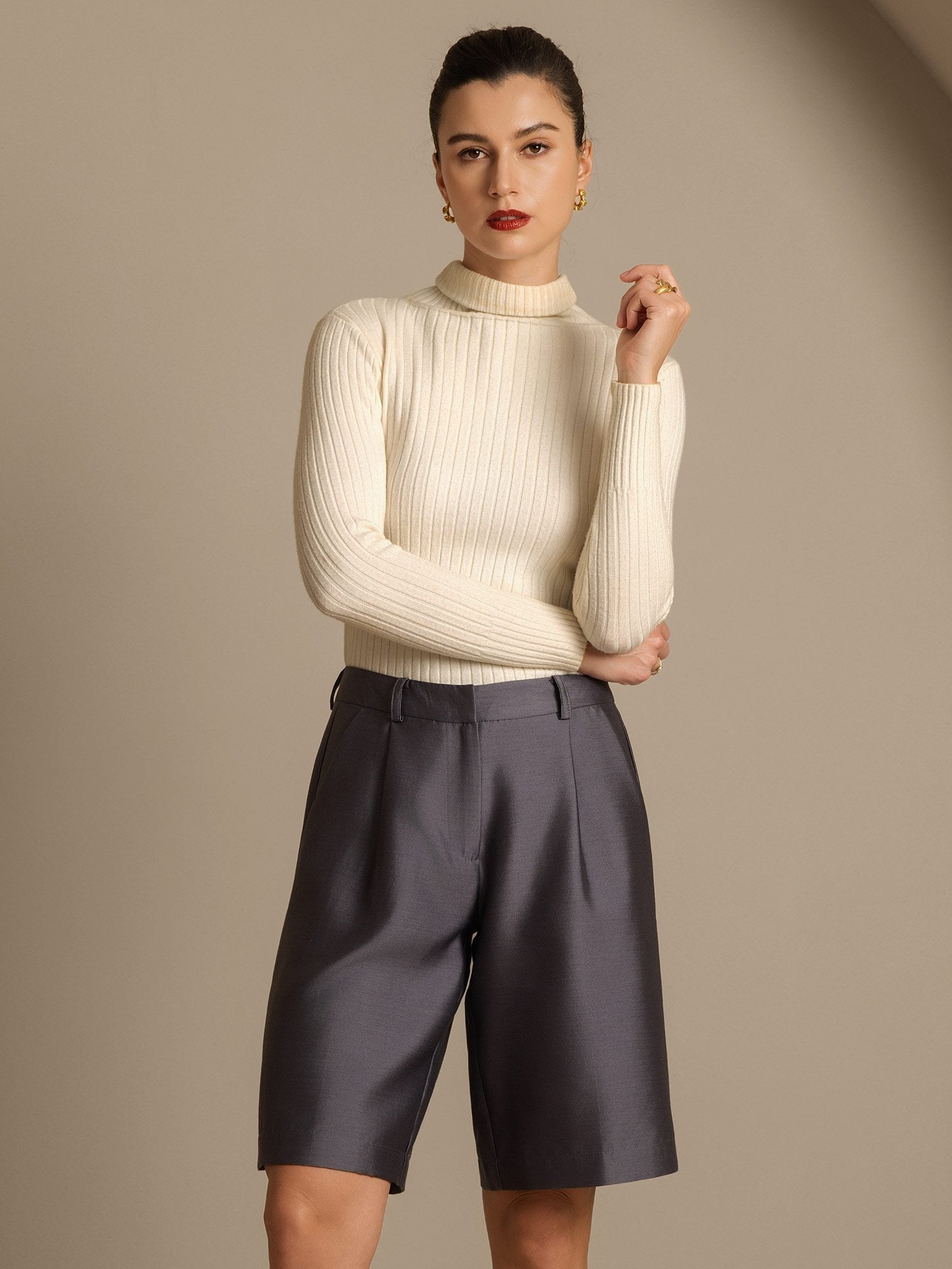 [Grå] SilkSilky-SE 32Momme Silk-Wool Blend Womens Shorts 008,