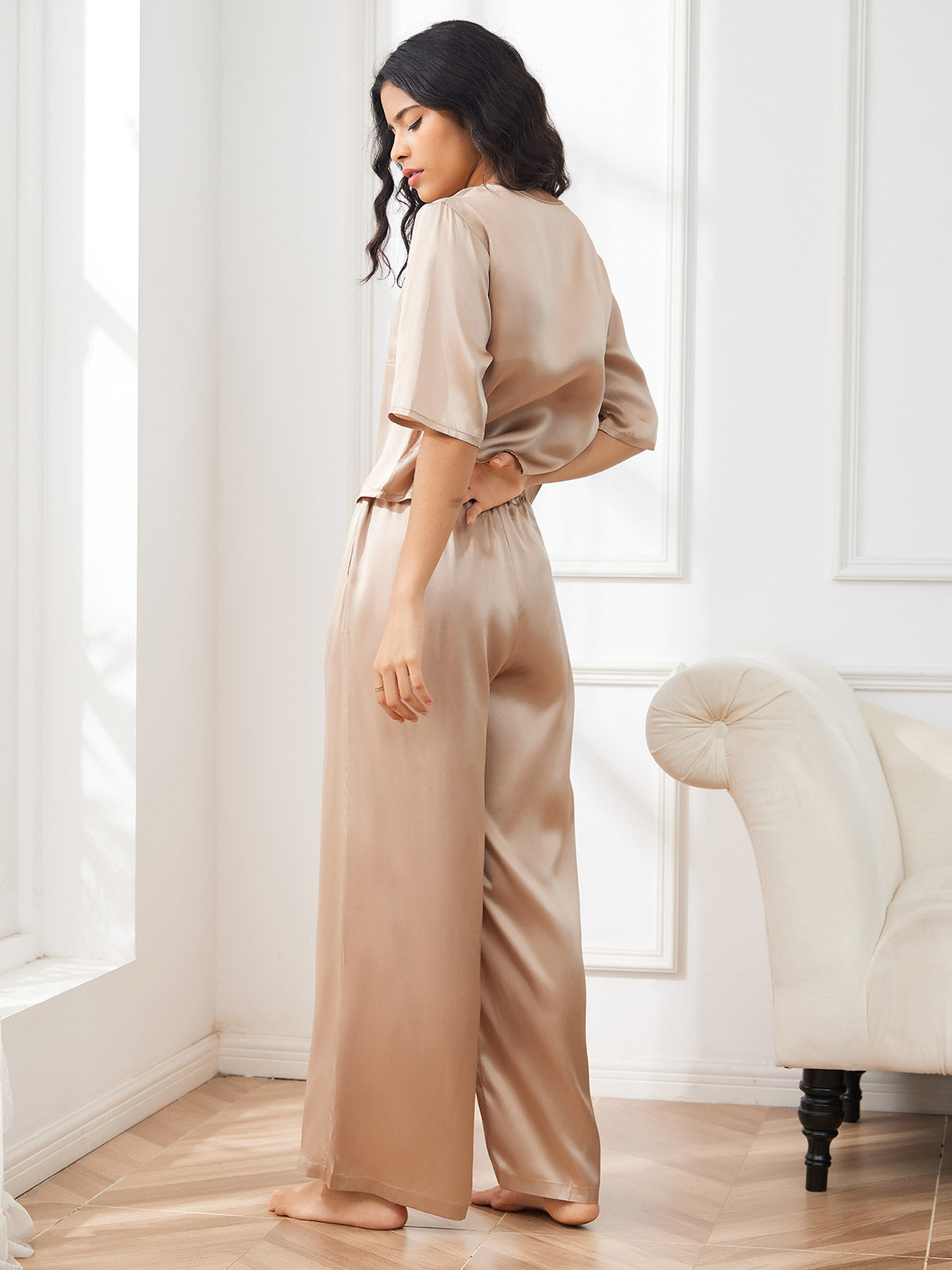 [Champagne] SilkSilky-SE Hårärm Rund Halsringning Dam Pyjama 002