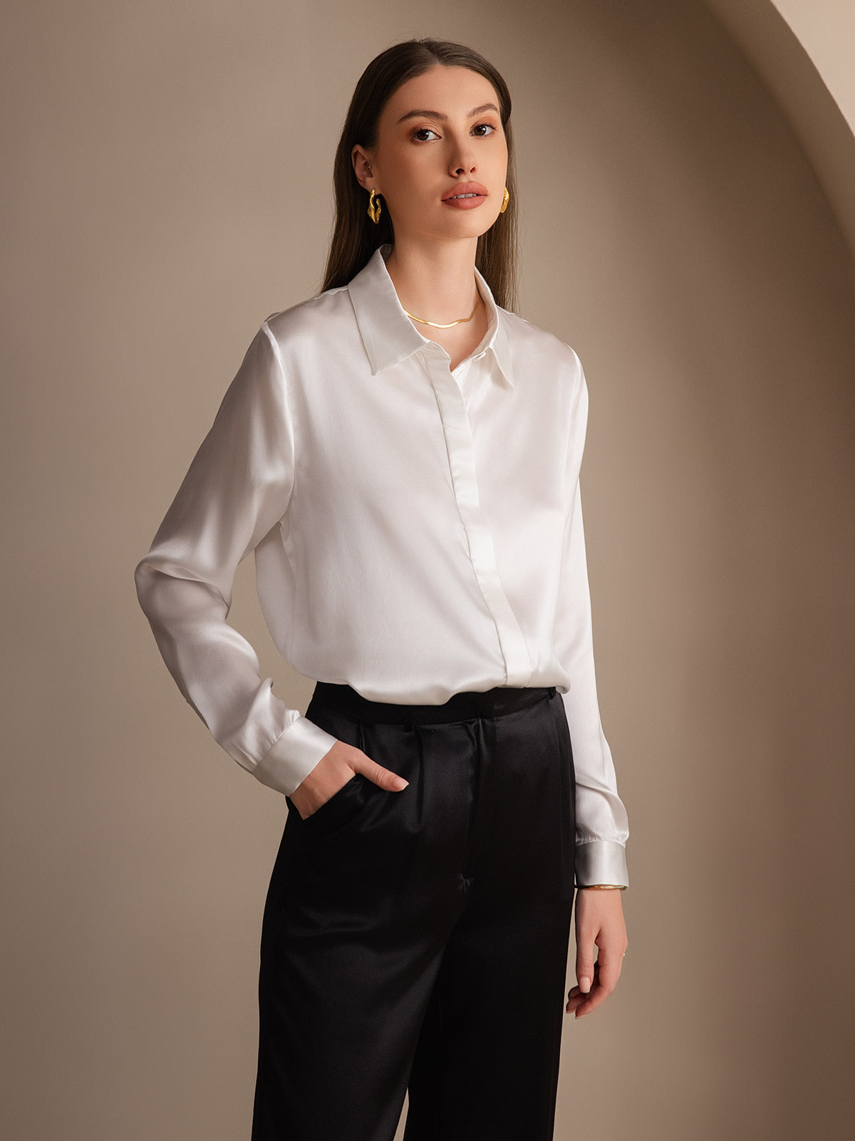 [Vit] SilkSilky-SE 19Momme Silke Lapel Collar Damskjorta 003