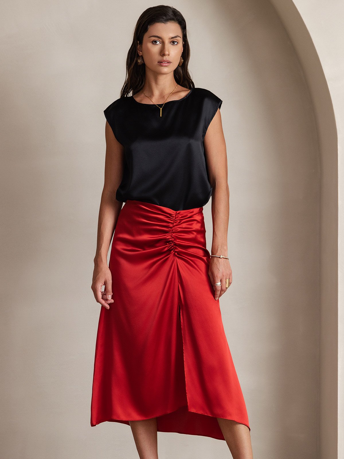 [Svart] SilkSilky-SE 19Momme Silke Womens T-Shirt 003
