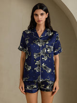 [Marinblått Lejon] SilkSilky-SE Short Sleeve Notch Collar Dam Pyjama 001