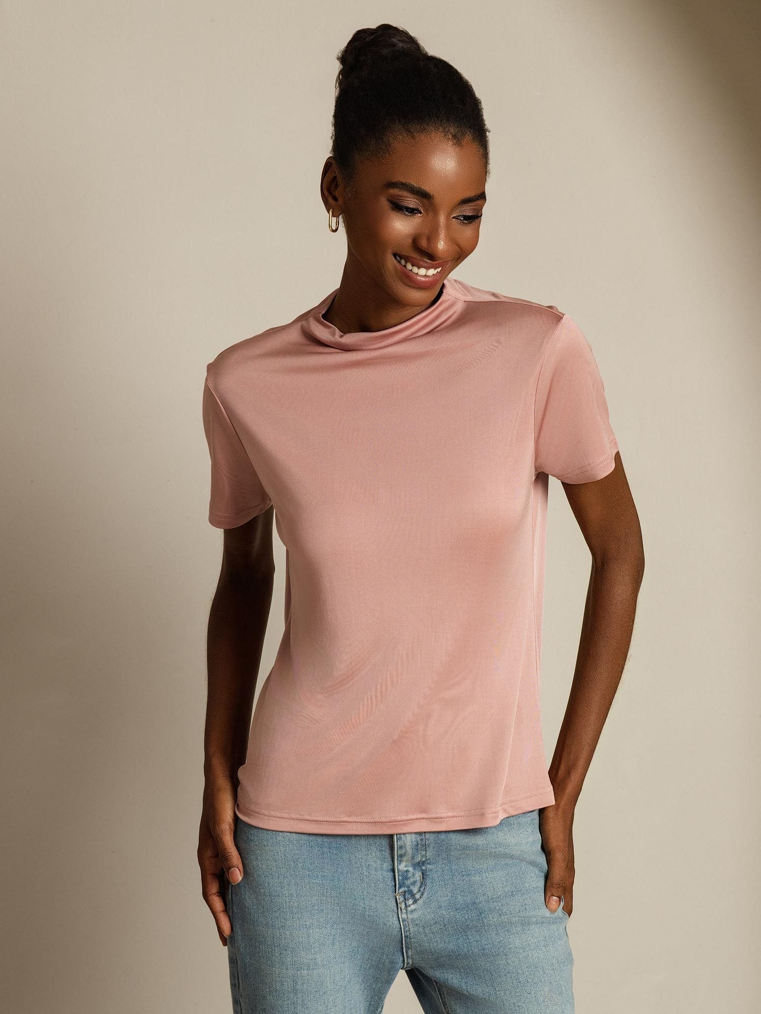[Rosa] SilkSilky-SE Rent Silke Krage Dam T-Shirt 003
