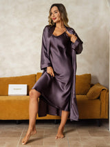 [Lila Grå] SilkSilky-SE Long Sleeve V Neck Dam Nattlinne&Morgonrock Set 009