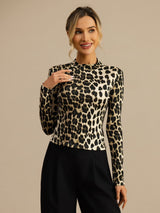 [Leopard] SilkSilky-SE Lång Ärm Mockkrage Dam T-Shirt 003