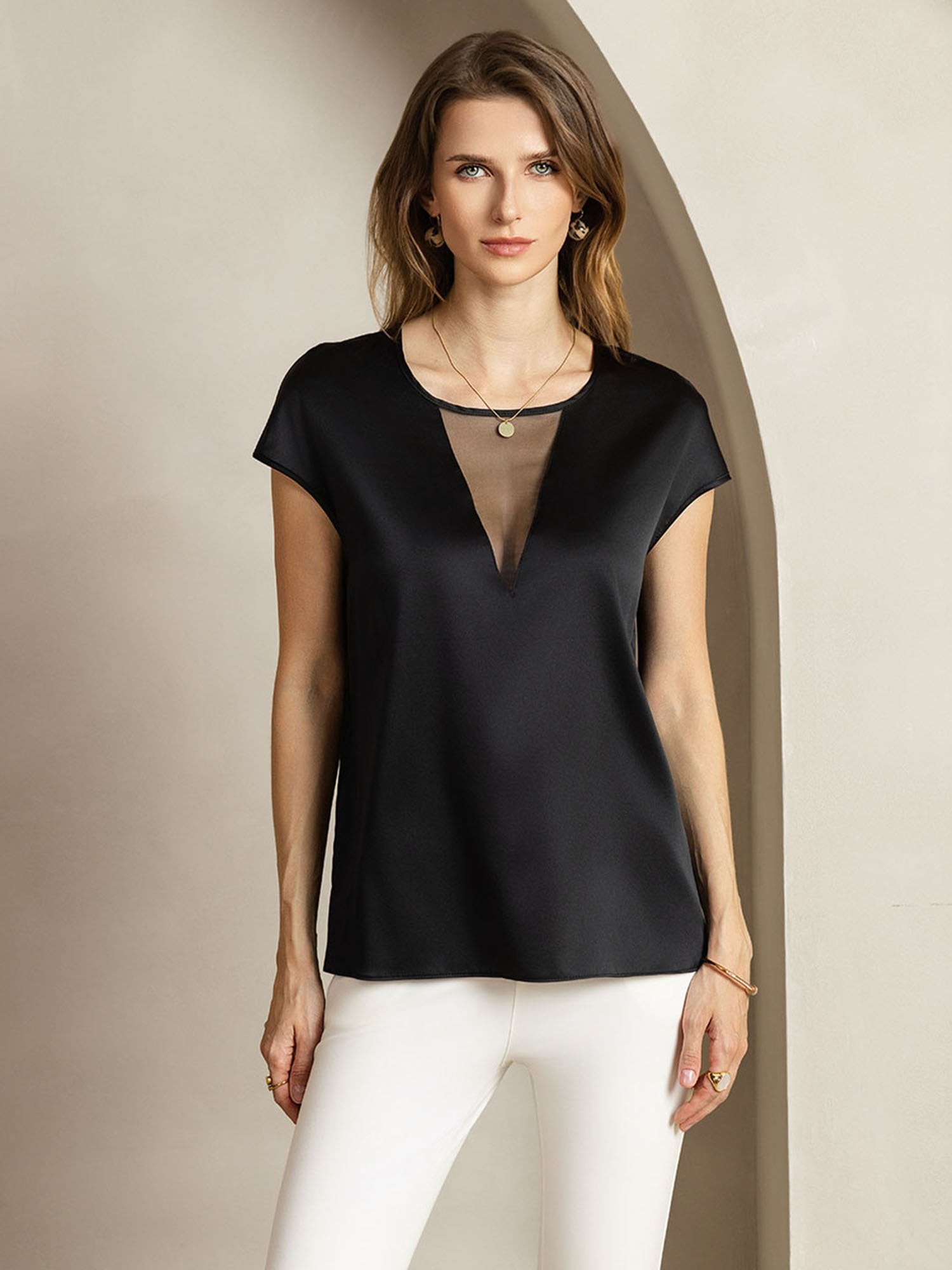 [Svart] SilkSilky-SE 19Momme Silke Womens T-Shirt 001