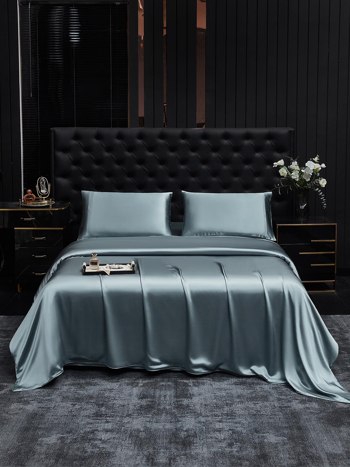 [Gråblå] SilkSilky-SE 22Momme Rent Silke Bedding Set 001