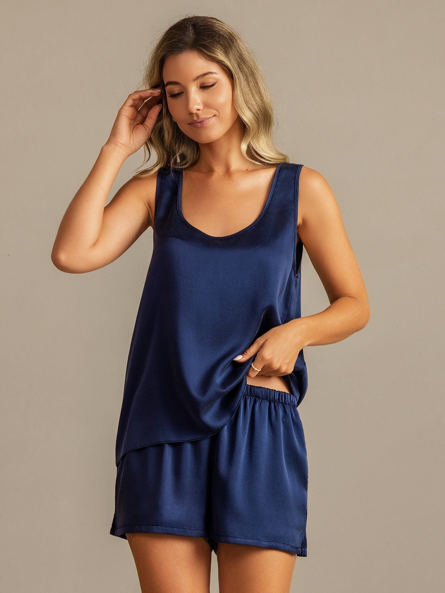 [Mörkblå] SilkSilky-SE 19Momme Silke Womens Pajamas 007